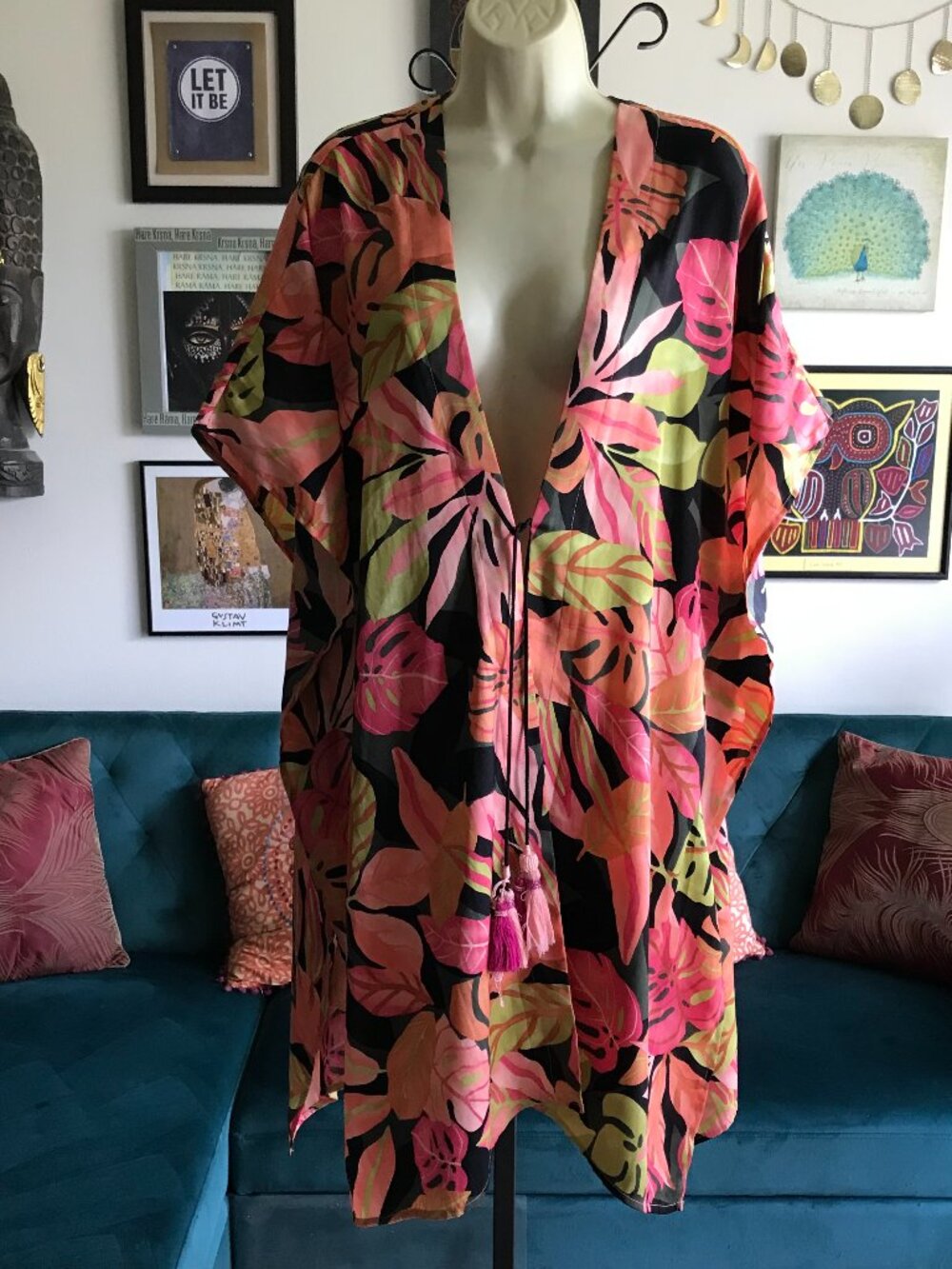 CHICO'S size L / XL Tropical Palm Leaf Print Kimono Cover Up Tasseled